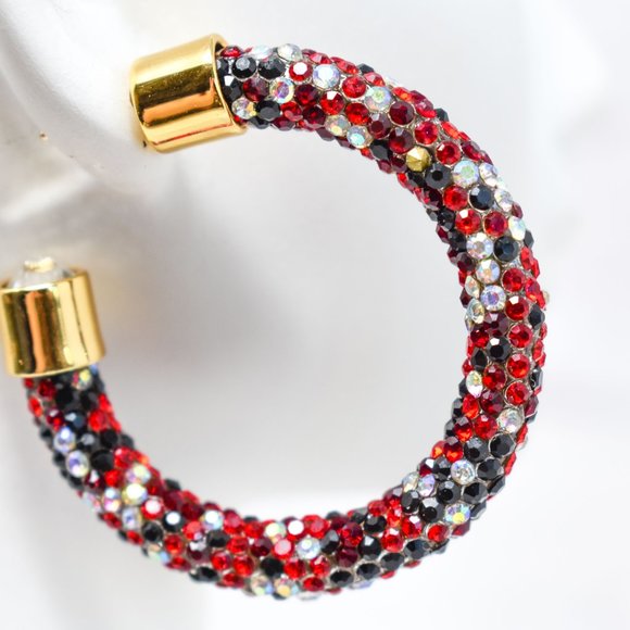 1.75" Black/Red/AB Pave Wrap Rhinestone Hoops (B) - Picture 4 of 12